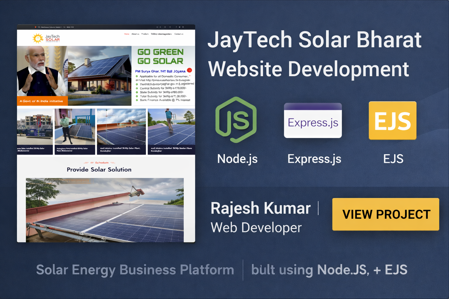 JayTech Solar Bharat Website Development | Node.js Solar Energy Business Platform
